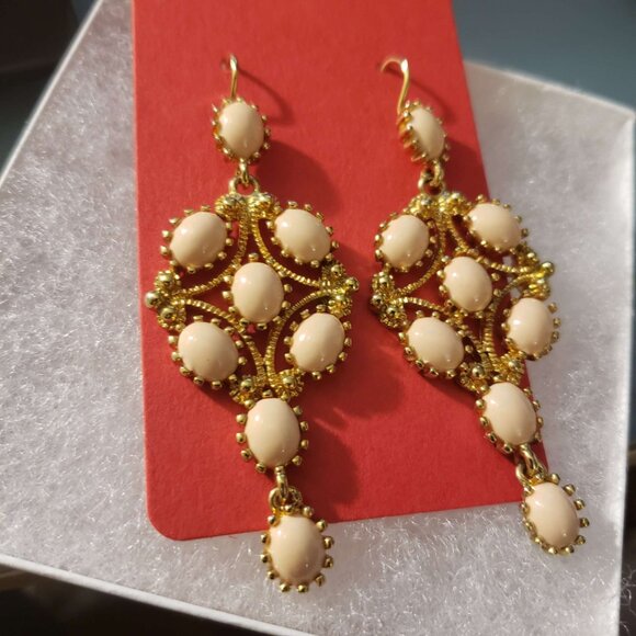 Kenneth Jay Lane Earrings - Gold With Light Coral Stones - Picture 2 of 6